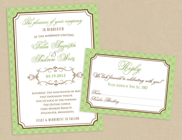 Printable Wedding Invite and RSVP Invitation Set Calligraphic Frame  - Spring Green