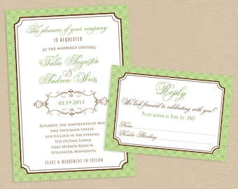 Printable Wedding Invite and RSVP Invitation Set Calligraphic Frame  - Spring Green