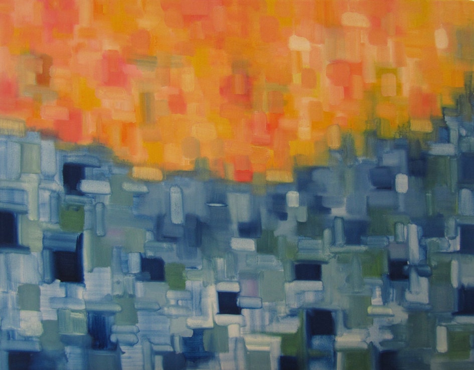 Abstract Modern Oil Painting... LARGE 30 x 24...Shades of Blues and Warm Yellows...Handmade by Kelly Hutchinson