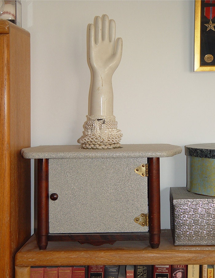 Jewelry Box- Mixed Media Sculpture- Steampunk Cabinet-Glove Form- Weird- Recycled 17 x 11 x 27 inch   43 x 28 x 69 cm