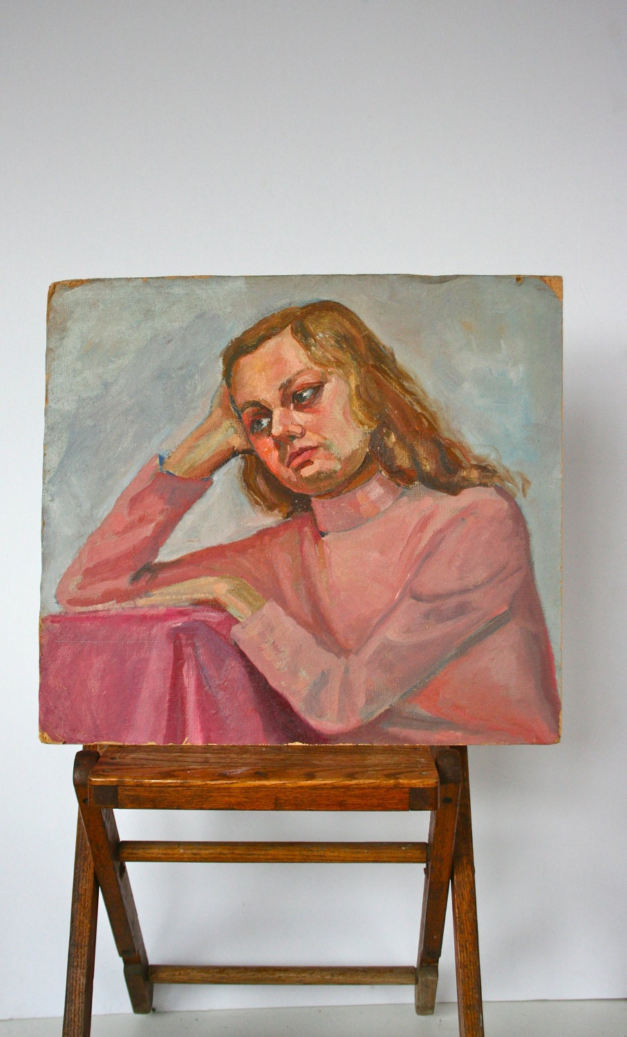 Vintage Oil Portrait Painting: Contemplative Woman in Pink