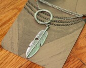 Floating Silver Feather Lariat Necklace in Antiqued Silver
