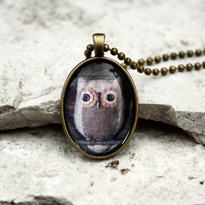 Primitive Owl Photo Oval Glass Tile Pendant Jewelry