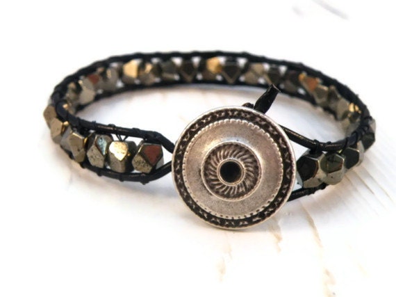 Unisex Pyrite Nugget Leather Bracelet with Bullseye Button/ Mens Guys Dude Male/ Rough Luxe/  Urban Modern Wrist Wrap/ Free Shipping