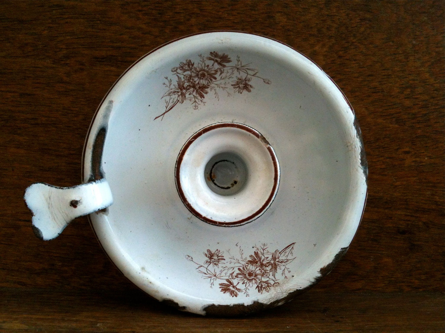 Vintage English Brown and White Enamel Candle Holder, with Cute Loop Handle / English Shop