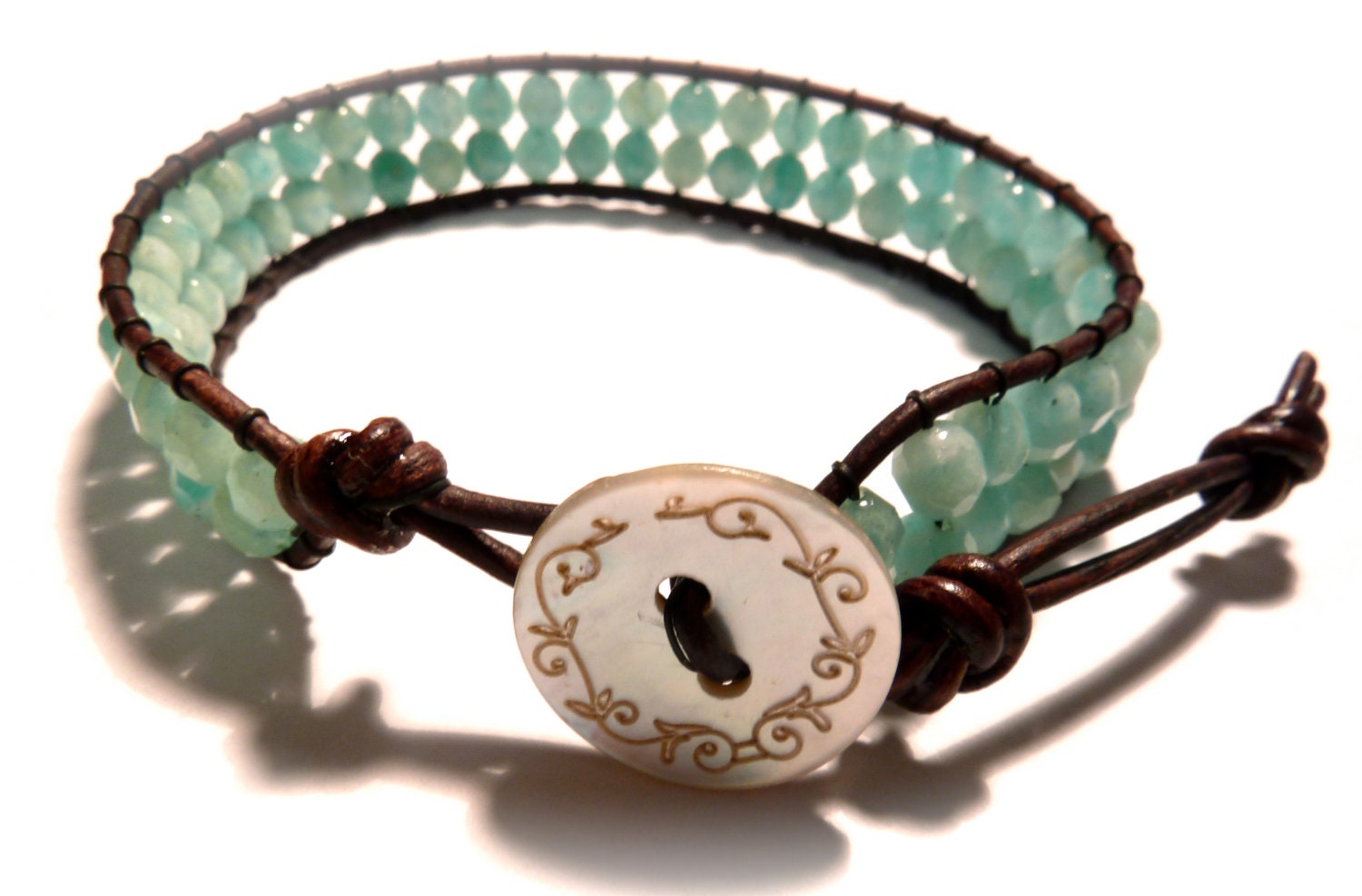 READY TO SHIP Gemstone Beaded Bracelet, Amazonite Bracelet, Leather Bracelet, Chan Luu Style Bracelet- Jewelry by Leandra