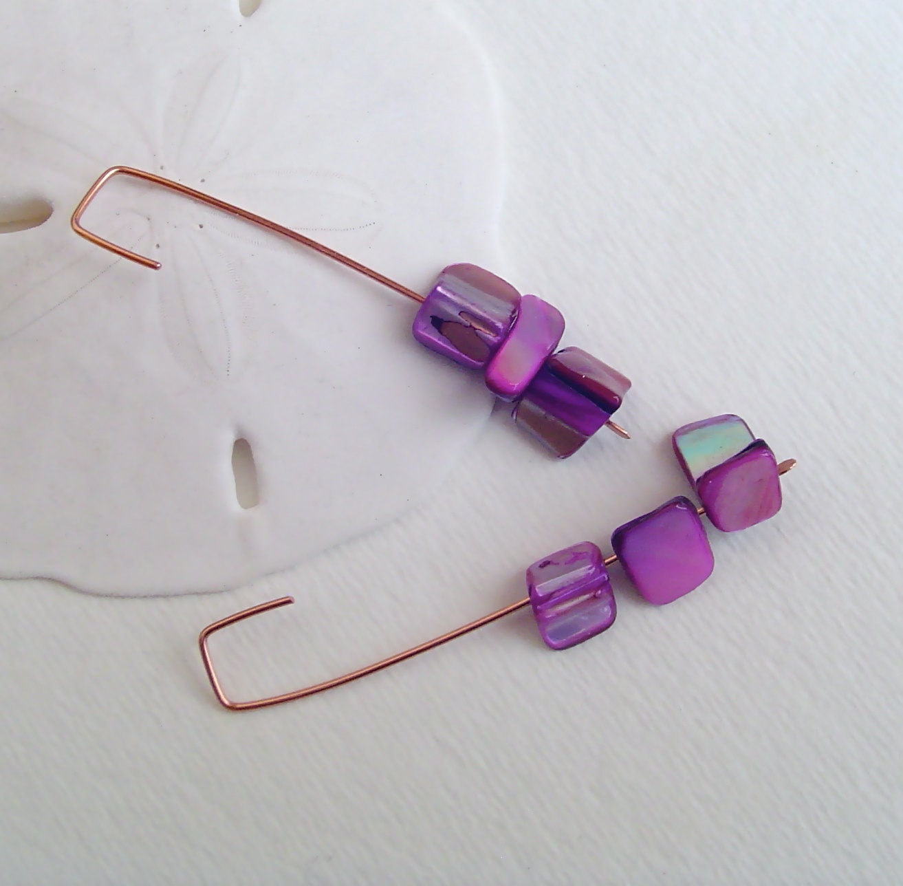 Hot pink shell earrings. copper earrings. organic jewelry