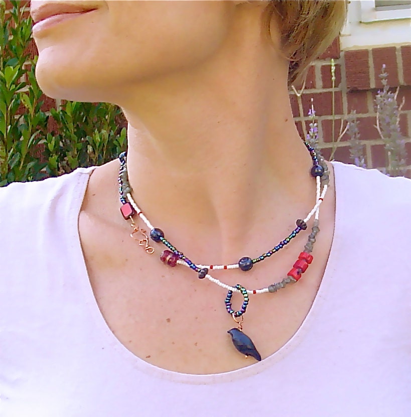 Black raven necklace. black crow pendant necklace. seed beaded necklace. long necklace