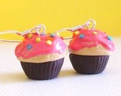 Vanilla Strawberry Cupcake Earrings, Clay Mini Food Earrings with Pink Frosting and Rainbow Sprinkles, Cute Cupcake