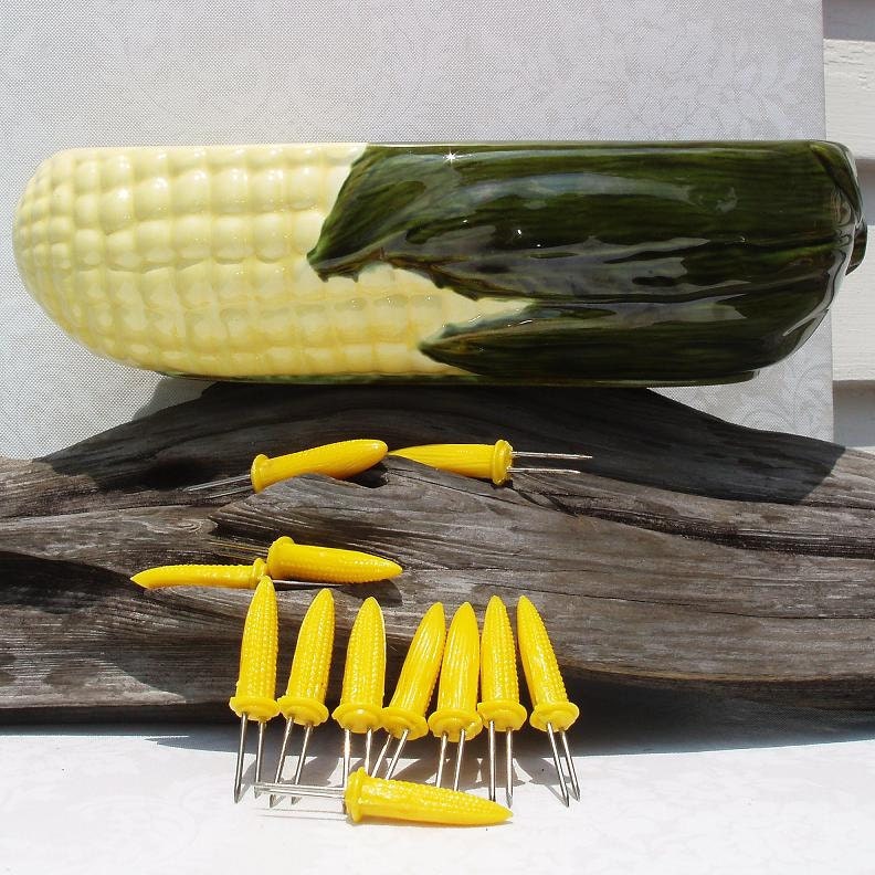 Corn Cob, Large Ceramic Bowl, Serving Dish, Corn Skewers, Planter - Farmhouse Chic - Yellow - Green