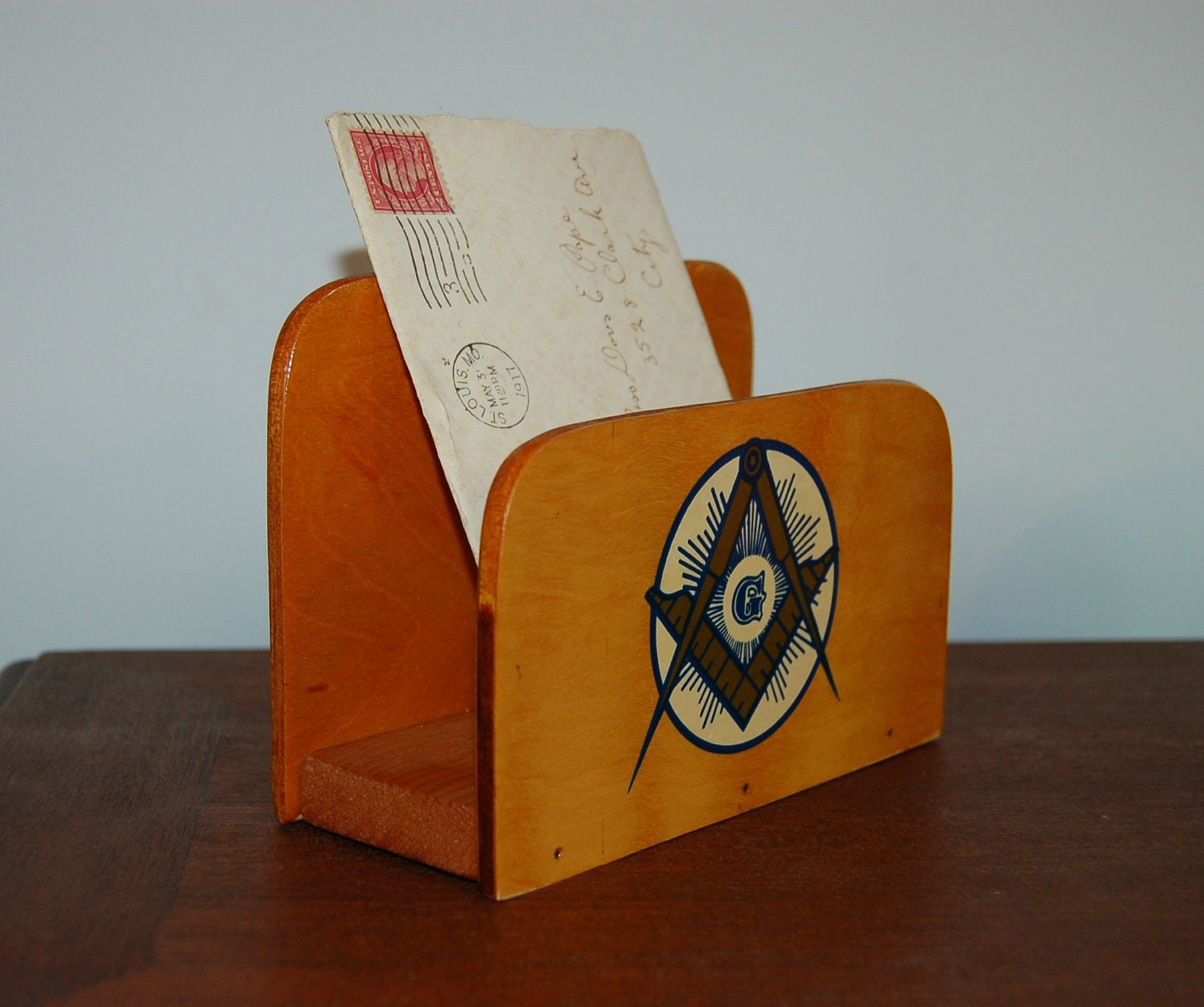 Vintage Wood Letter Holder or Napkin Holder - Masonic