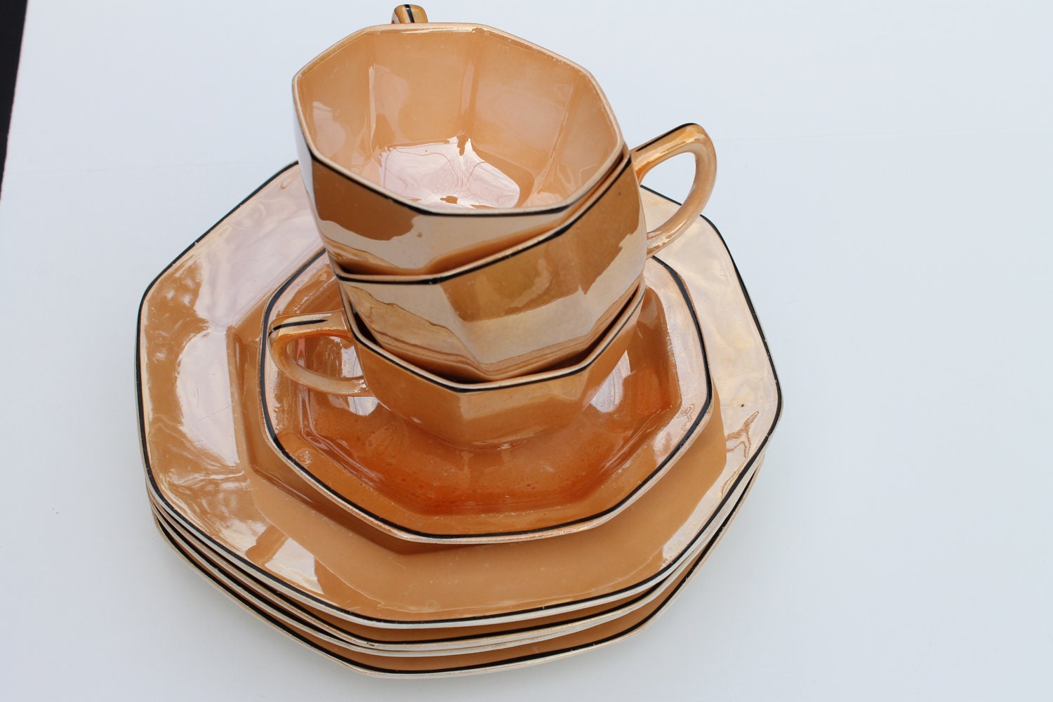 Vintage Steubenville China Orange Luster with Black trim Art Deco 8 Pieces