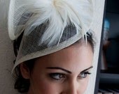 Ivory Twist Mesh Fascinator - "Victoria" Ivory Mesh Fascinator Hat Headband with Ivory Flighty Feathers