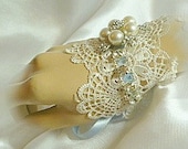 Emily ..  Lace, crystal and pearl bridal cuff bracelet with something blue