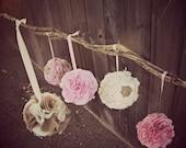 Rustic Nursery Mobile, Fabric Poms on Madrone Branch. Customize to your colors.
