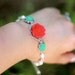Candy Red and Turquoise Roses with White Swarovski Pearls Bracelet Jewelry Gift for Her. Free Shipping.