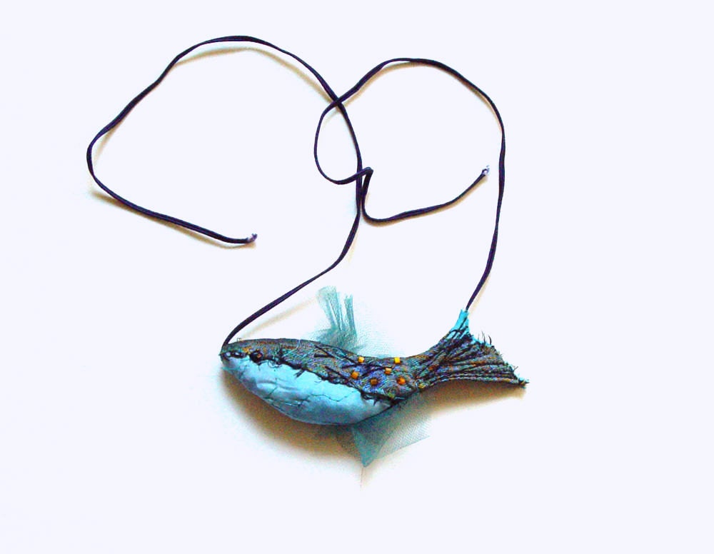 Silk pendant, fish necklace, art to wear, blue necklace, art jewelry