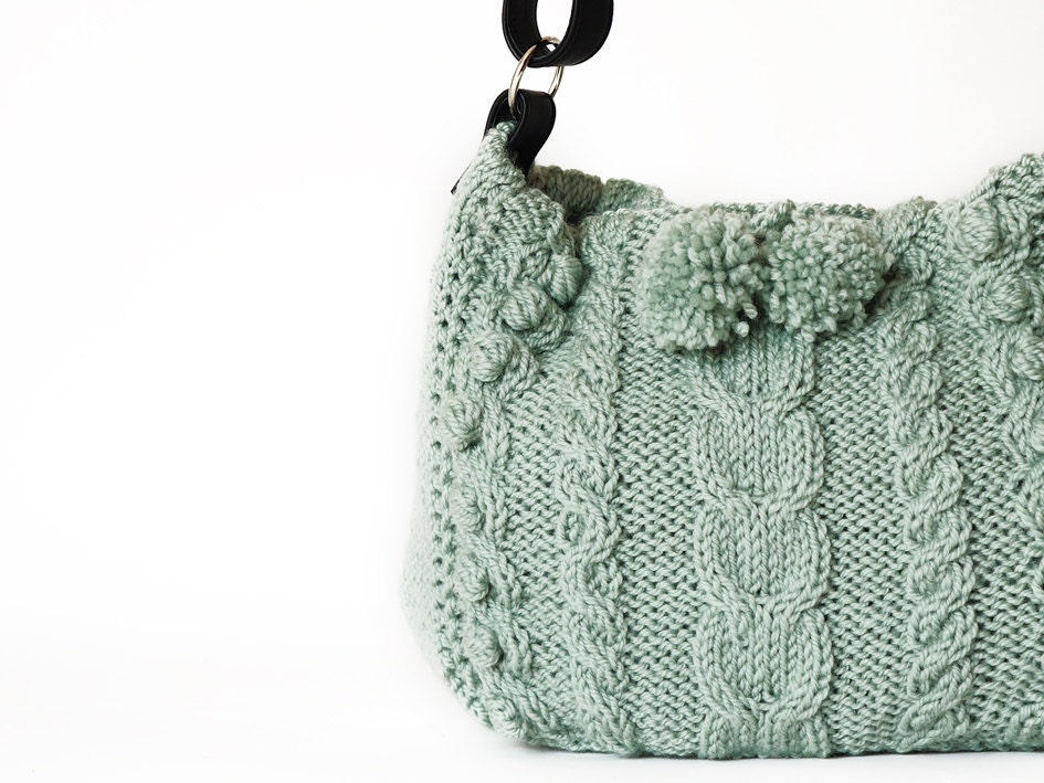 Mint green hand knitted messenger bag with adjustable leather long strap