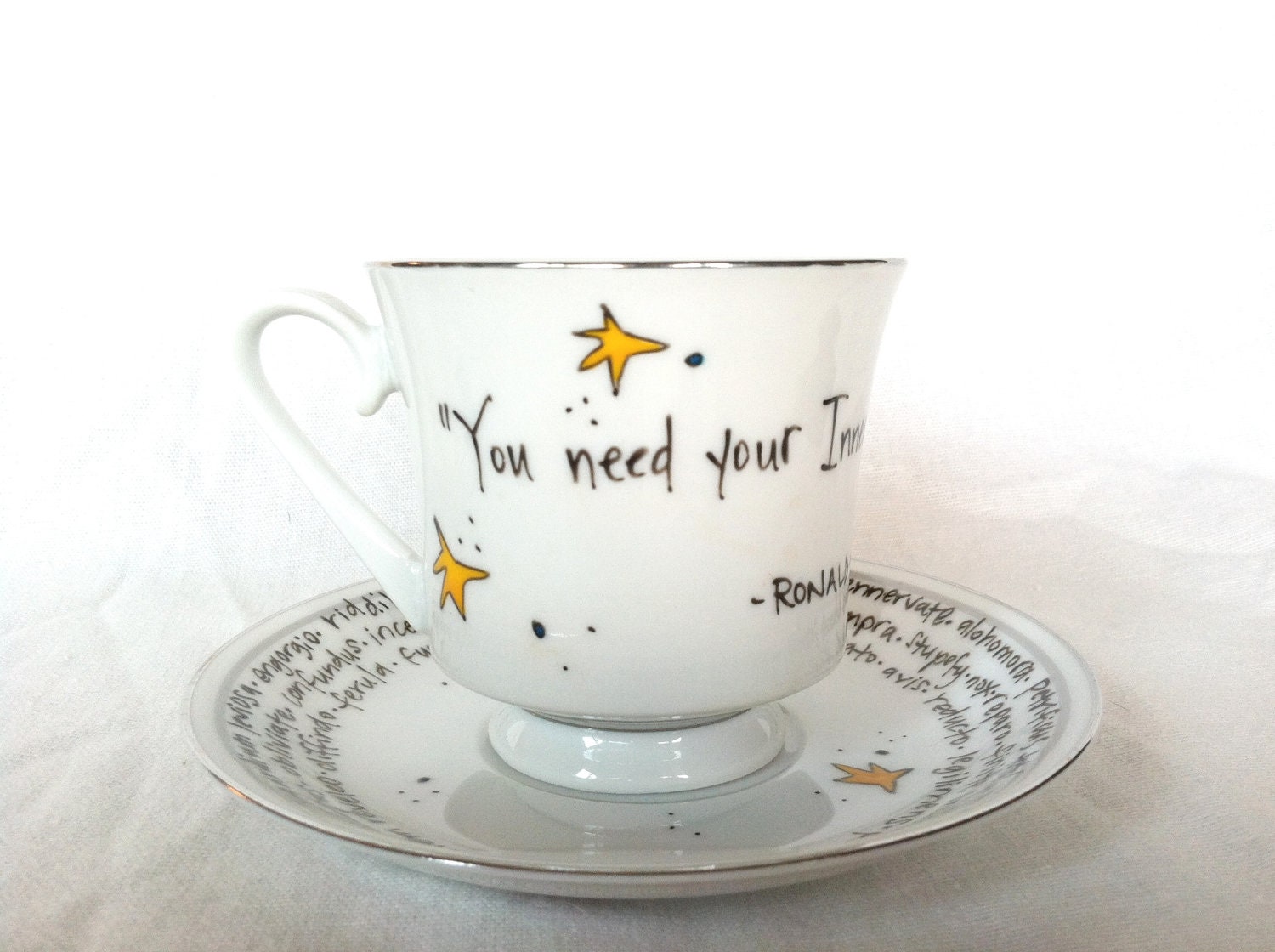 The Grim Teacup - "You need your Inner Eye Tested" Ron Weasley quote - hand-painted teacup and saucer with tea leaves and spells