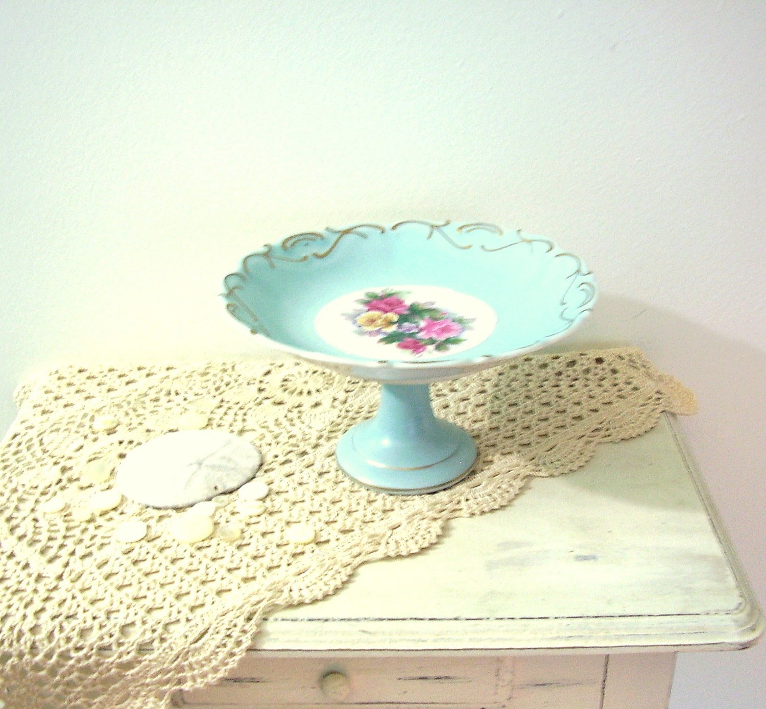 Vintage Dessert Pedestal Plate Cake Aqua Porcelain Shabby chic 1940s