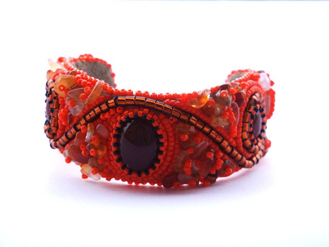 EBWC Bead embroidered cuff "Tangerine tango lure", beads embroidered bracelet, beaded bracelet cuff with carnelian CIJ