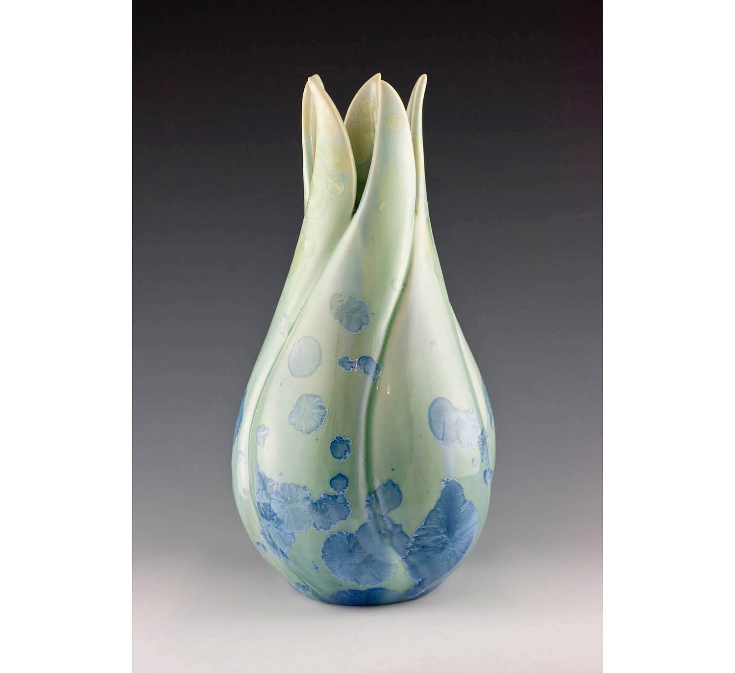 Bloom Vase: Hand Carved with Light Blue and Green Crystalline Glaze