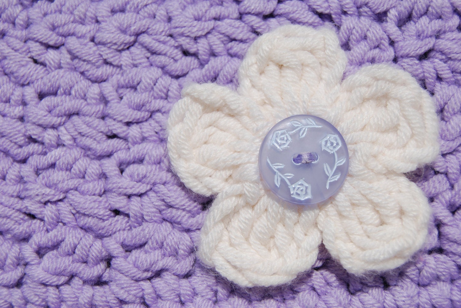 Purple Baby Cloche Hat with Cream Flower and Vintage Button, 6 to 12 Month Size (Item 789)