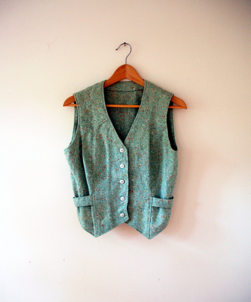 Mint green vest wool tweed 70s