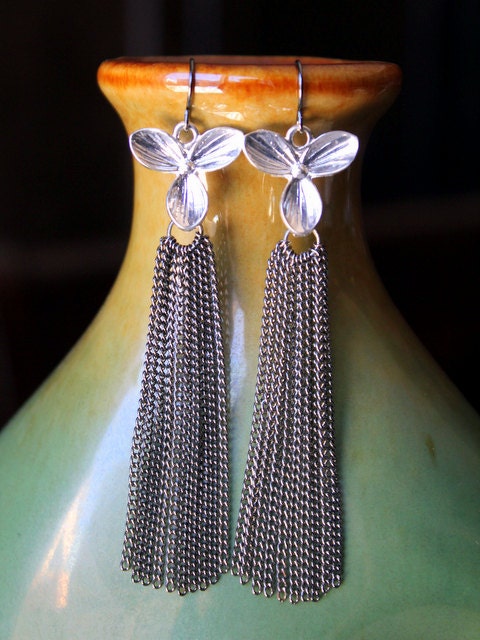 Silver Orchids and Gun Metal Chains Tassel Dangle Earrings