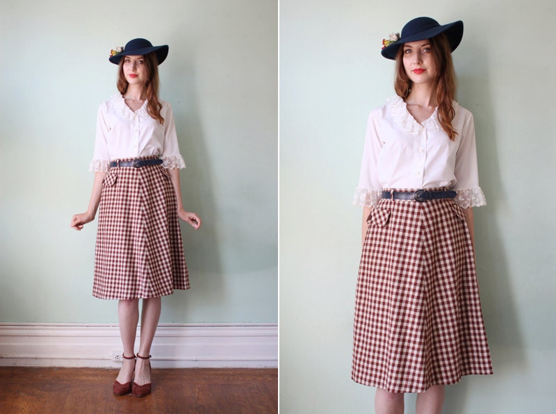 vintage 1970's brown & white gingham wool a-line skirt / size s