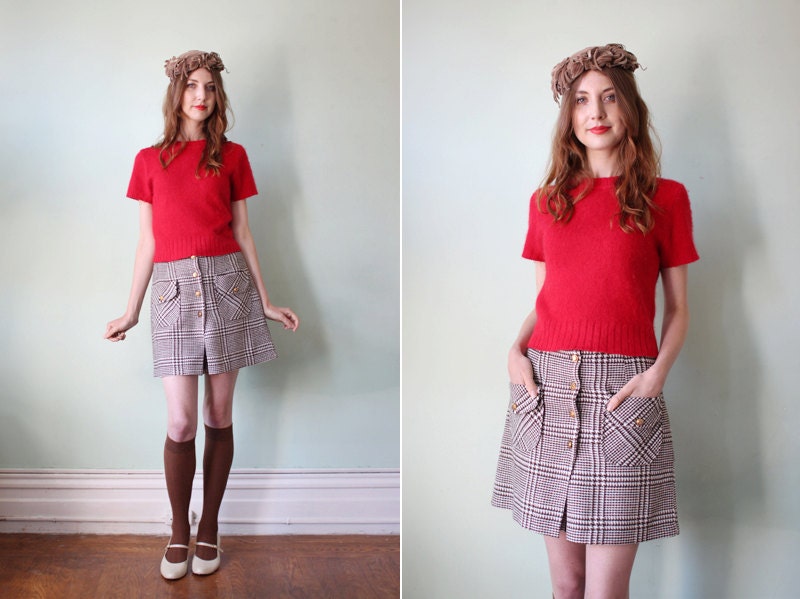 vintage 1970's brown & white plaid wool mini skort shorts / size s