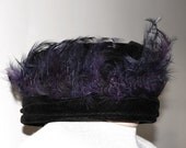 Vintage Edwardian Black Velvet Hat with Purple Feathers Mode de Paris