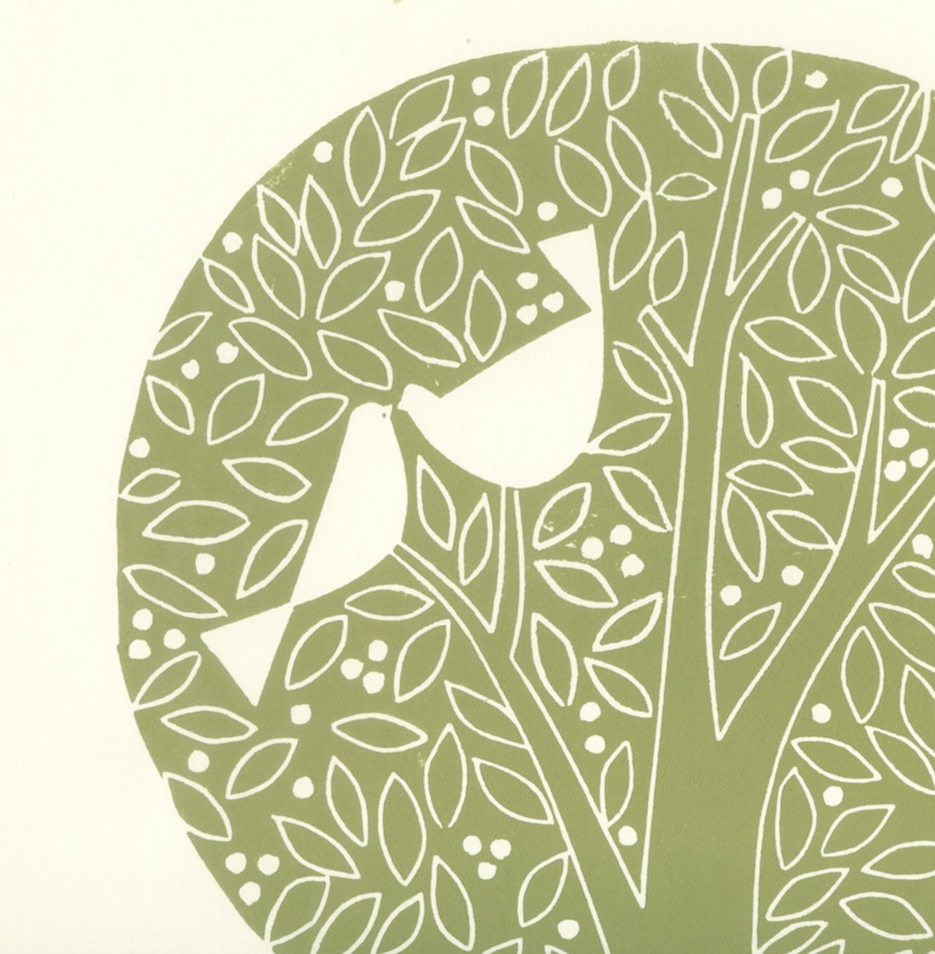 Love Birds -Tree of Life - Large Linocut Print -White Doves- Soft green Art, Original Print