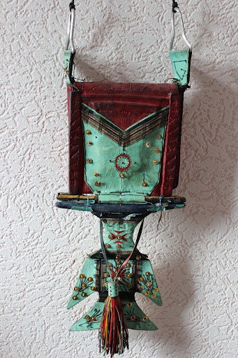Tuareg leather bag dark red & emerald green