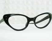 60s Cat Eye Glasses 1950s Eyeglasses Black Angled Oval Frame NOS France 46/20