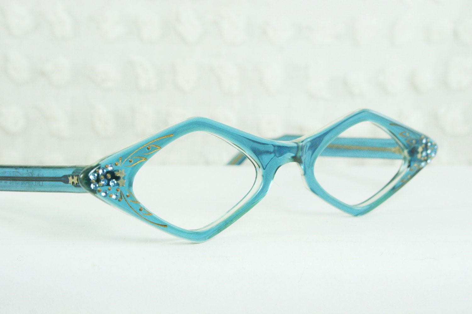 Vintage 1960s Diamond Glasses 60s Womens Eyeglasses Clear Sky Blue Rhinestone Stud Translucent Optical Frame 46/20 NOS Victory Optical