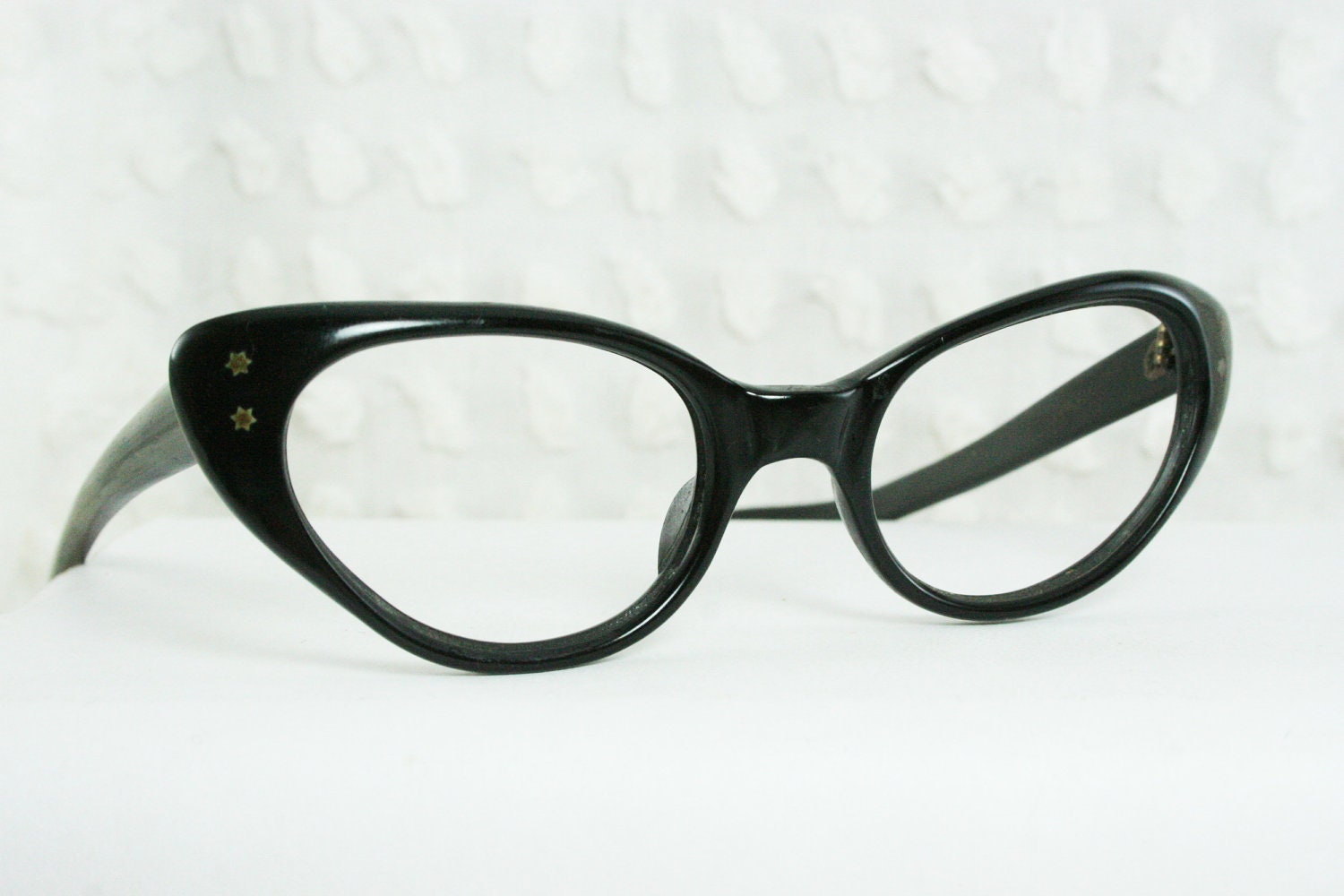 60s Cat Eye Glasses 1950s Eyeglasses Black Angled Oval Frame NOS France 46/20