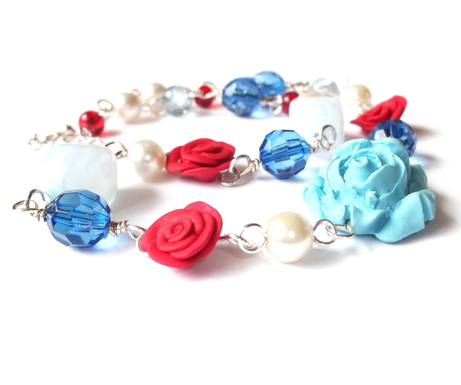Rosary Necklace Blue Rose and Pink Red Roses, Crystals, Jasper Beads, Pearls, Polymer Clay Roses Silver Necklace. Unique Jewelry