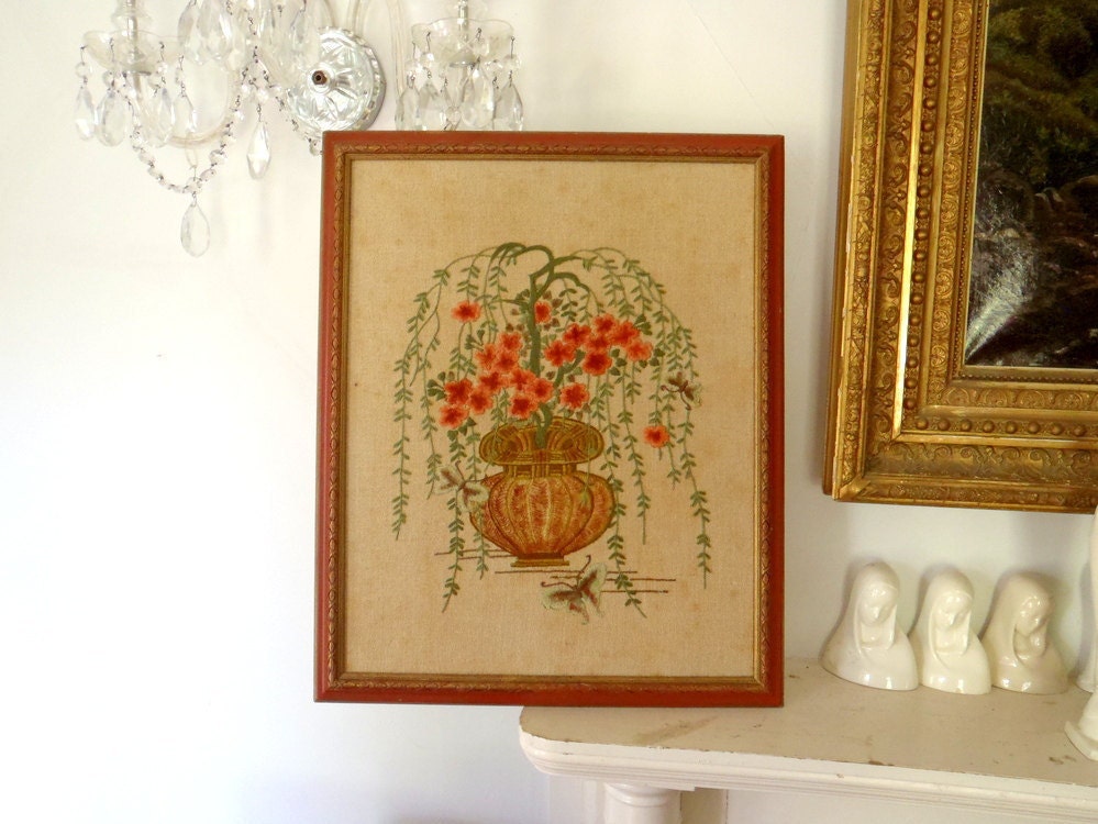 Vintage Wall Hanging Picture Crewel Work Large Handmade PIcture Bohemian Vintage 1970s
