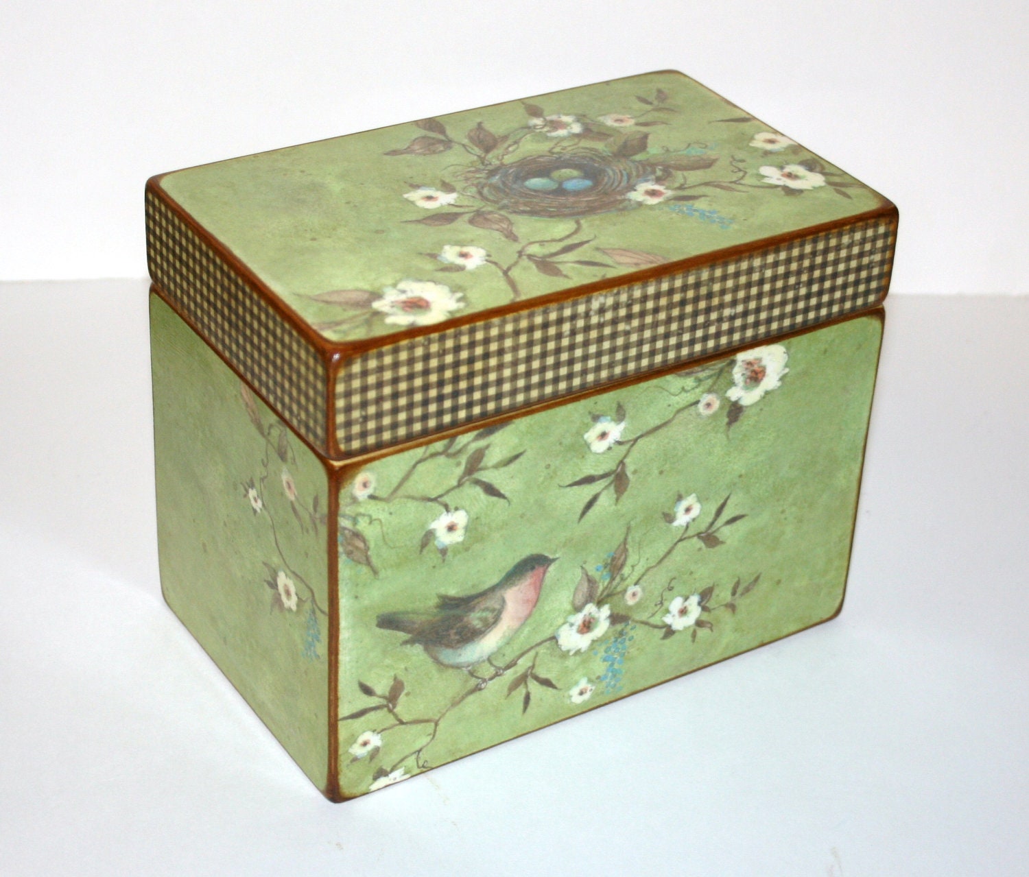 Recipe Box - Bird and Nest Green and Brown Handmade 4x6 Wooden Recipe Box or Wedding Guest Book Box