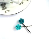 Flower bobby pins in blue - sakura cherry blossom hair bobbies - turquoise, teal, seafoam, jade accessories for her, clip, stocking stuffer