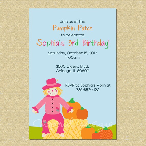Scarecrow Pumkin Patch Birthday Invitation (Any Age - Boy or Girl - Text Customizable) Il_570xn
