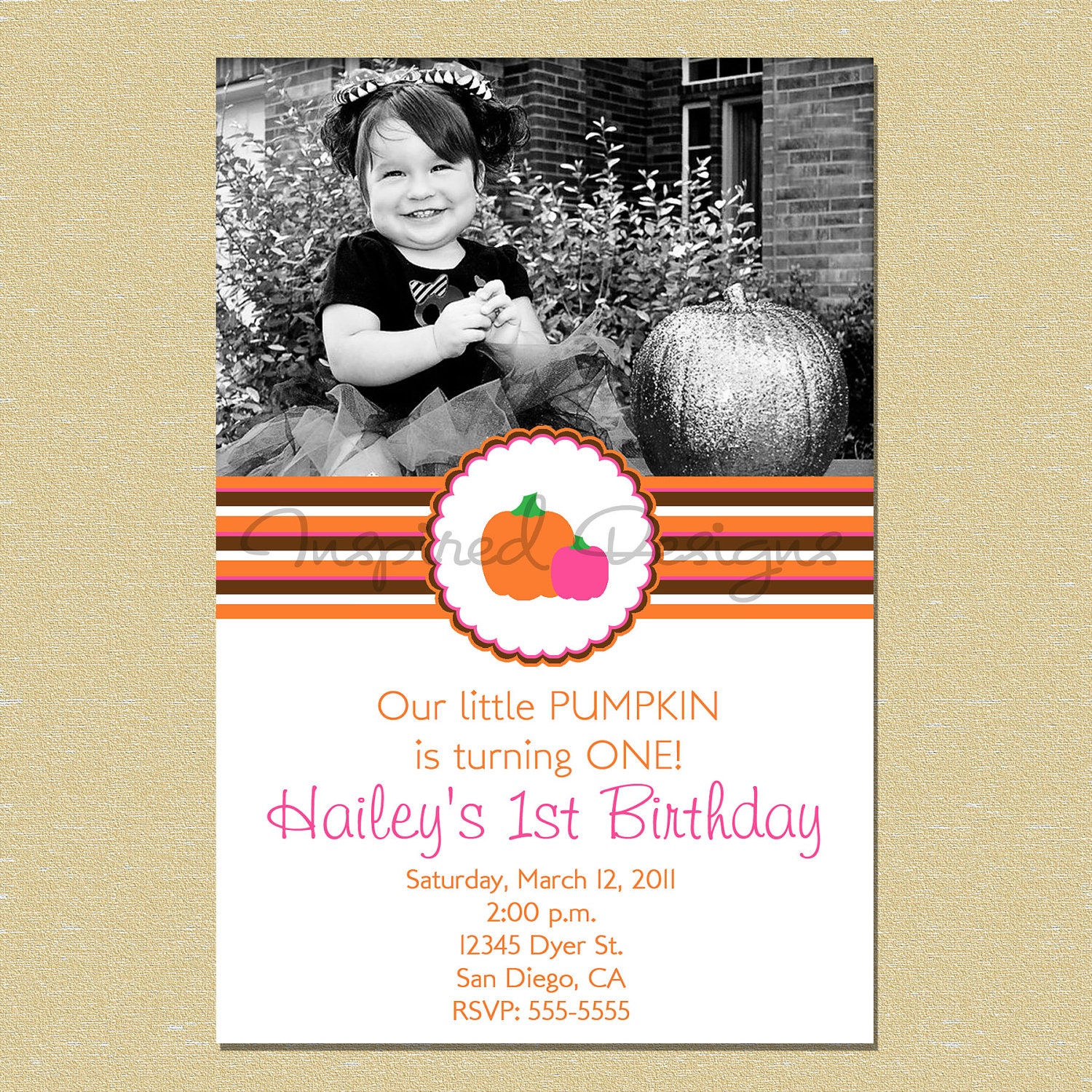 Pumpkin Pink Stripes Birthday Invitation Il_570xn