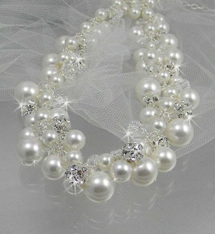 Pearl bridal Necklace chunky wedding necklace Swarovski pearl Crystal wedding necklace Wedding Jewelry rhinestone, Lillian