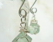 Raw Flourite Crystal Earrings on Extra Long Swirly Hoop Ear Wires