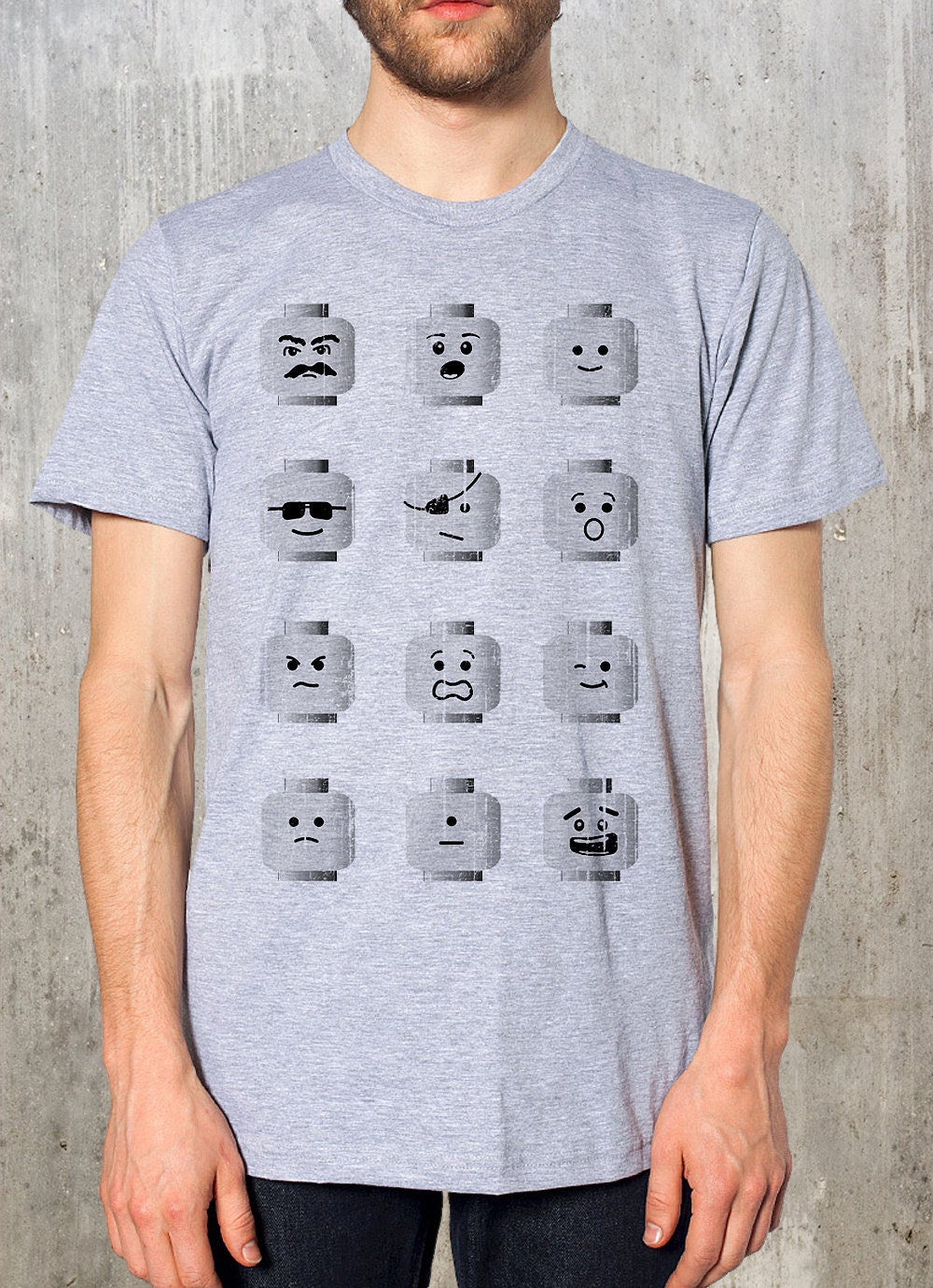 Lego Heads with Retro Distressed Texture - Men's Graphic T-Shirt - Heather Grey American Apparel - Available in S, M, L, XL and 2XL
