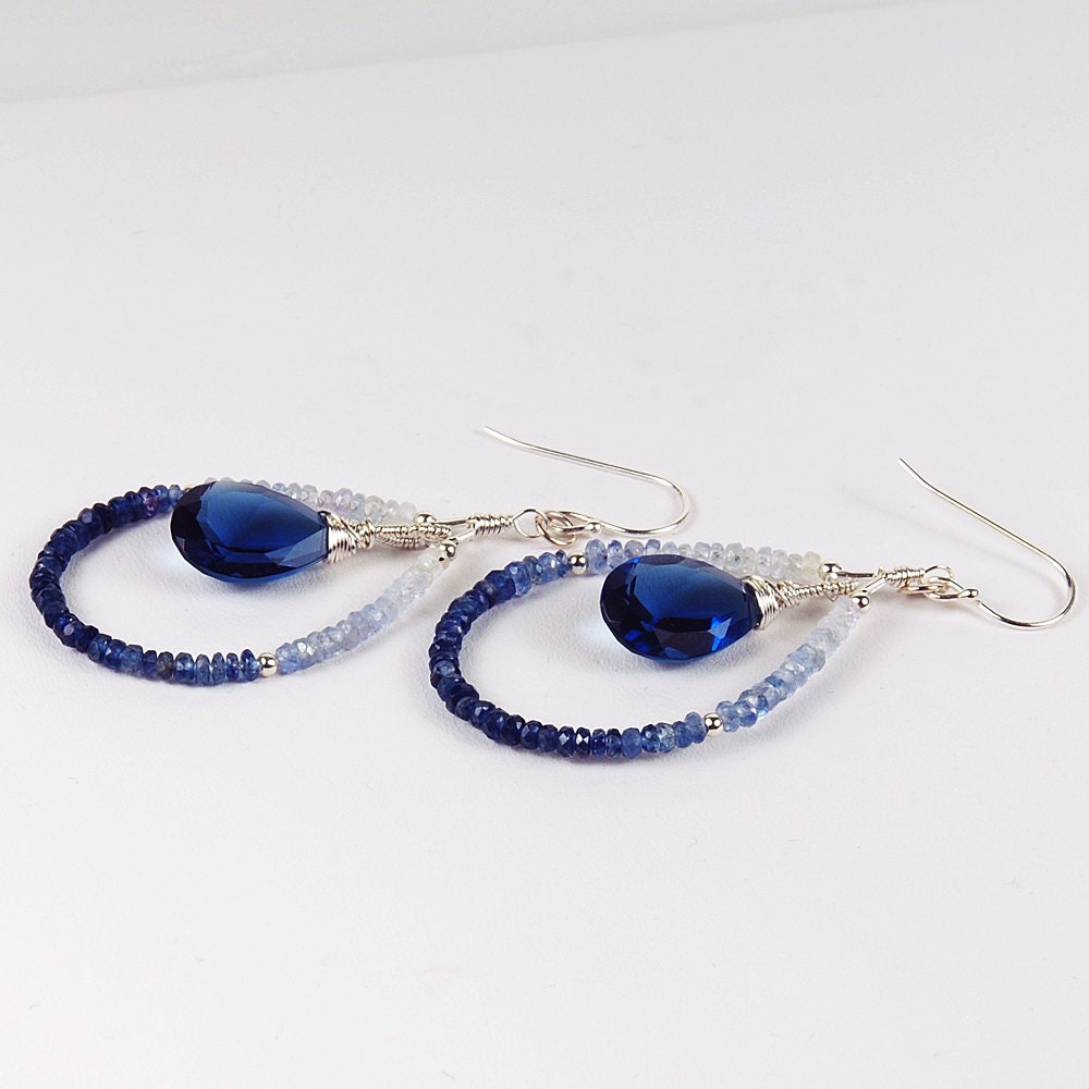 Shaded Sapphire and  Blue Quartz Earrings, September Birthstone Earrings, Sapphire Teardrop Earrings