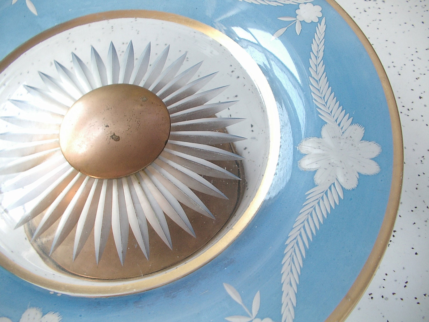vintage etched glass plate, blue glass pedestal plate, cake plate etched flowers, blue gold plate, wedding gift for bride