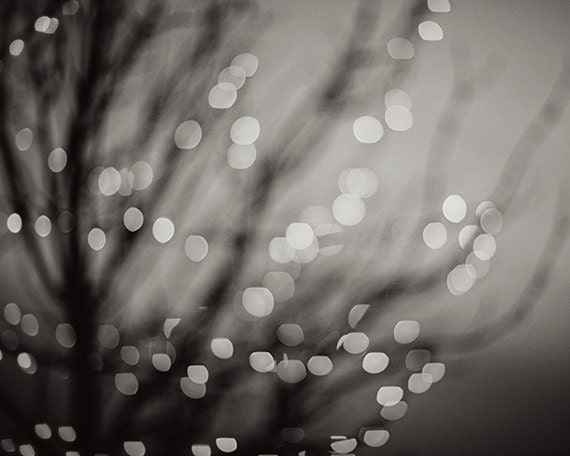 11x14 Print, Black and White, Modern Art, Contemporary Surreal Dreamy White lights in Woodland Tree, Elegant Home Decor, Grey Art.