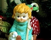 Lefton Shepherd Boy Figurine in Green Robe with Lamb - Christmas Collectible